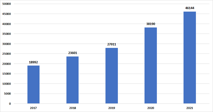 L'immagine mostra il numero totale di dataset disponibili dal 2017 al 2021.